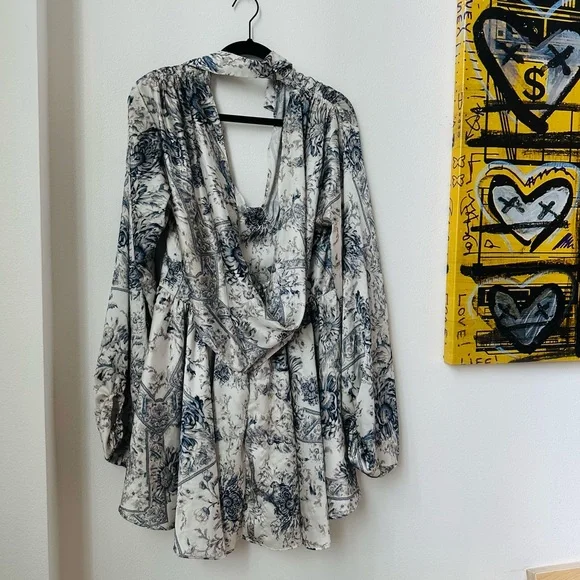 Blue White Floral Satin Dress - Picture 2 of 10